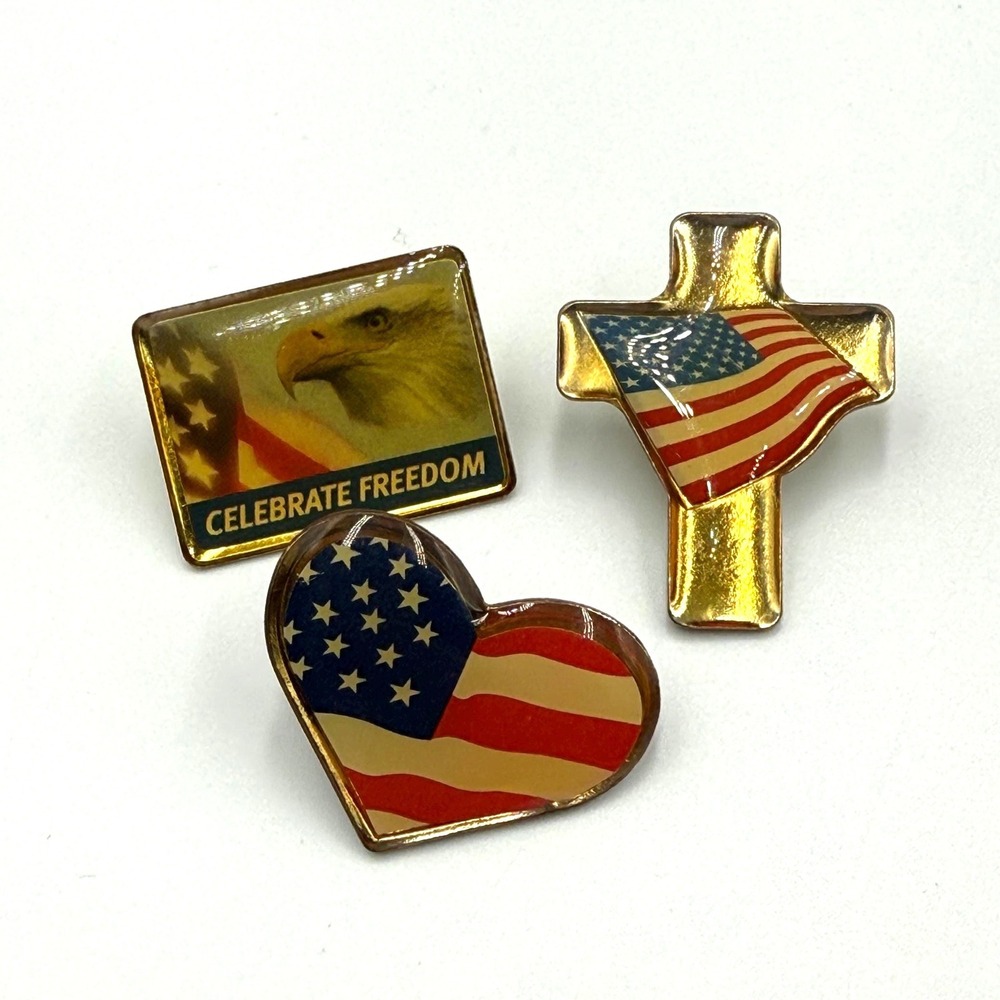 Patriotic‎ Pin Lot Eagle Cross Heart American Flag Enamel Brooch Set